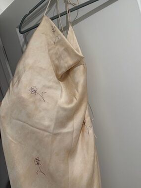 Zara Beige Satin Backless Slip Dress with Delicate Rose Sketches